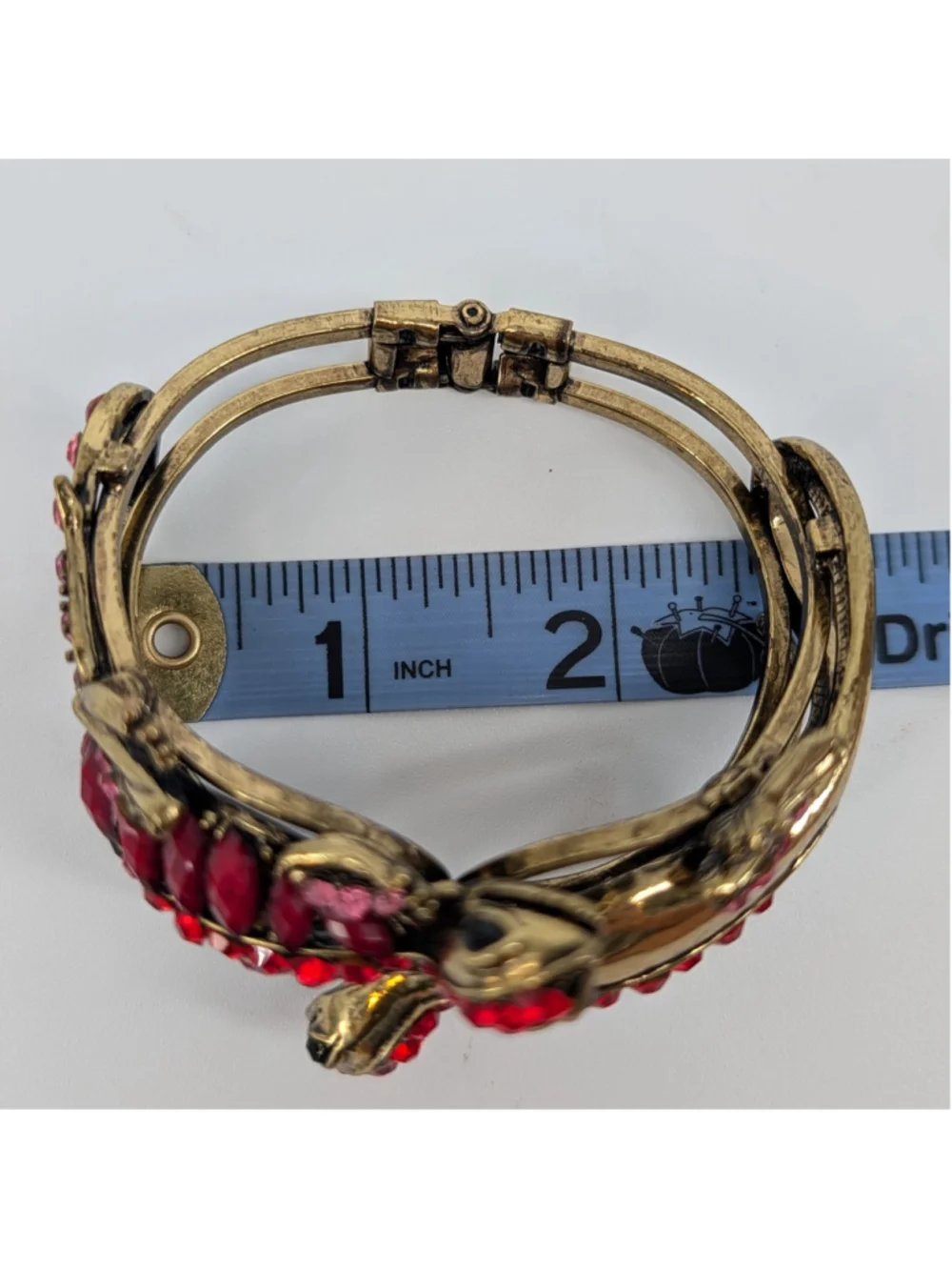 Lizard Rhinestone Hinged Cuff Bracelet Red Pink Gold Tone Statement Signed SDLZ